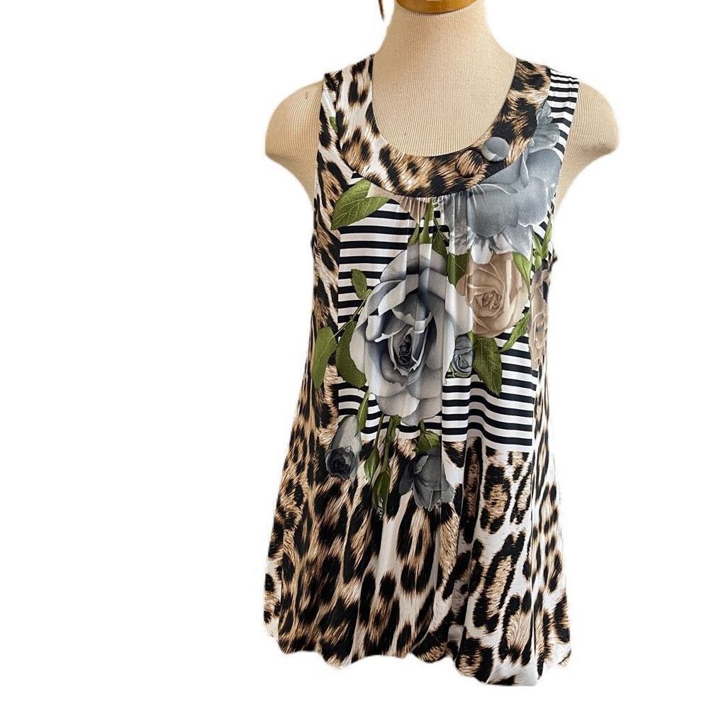Joseph Ribkoff Stripe Floral Leopard Bubble Dress Top Size 10
